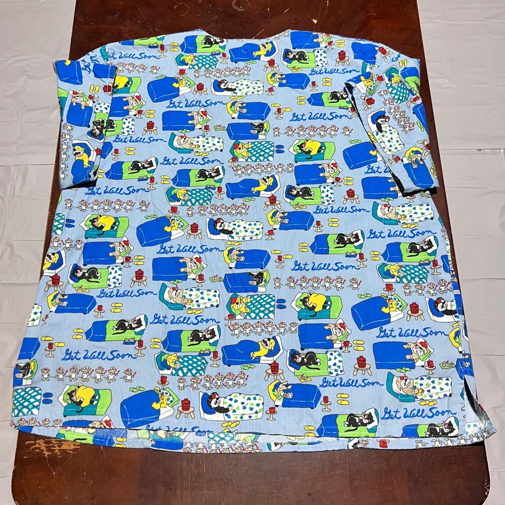 Scrubs Station Get Well Soon Cartoon Cats Dogs Mice Scrub Top Blue 3XL Plus Size - Picture 2 of 12